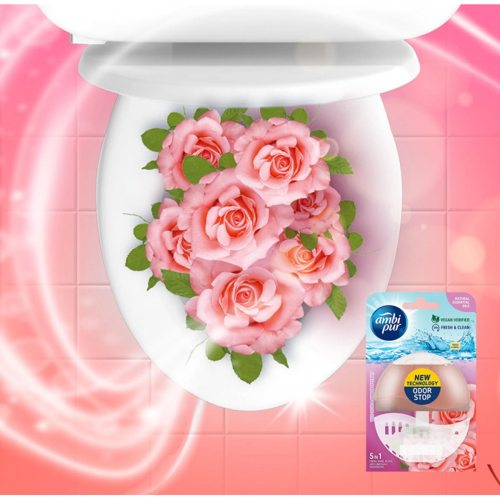 Подвесной блок для туалета Ambi Pur Odor Stop 5в1 Дикая роза и грейпфрут, 55 мл - 